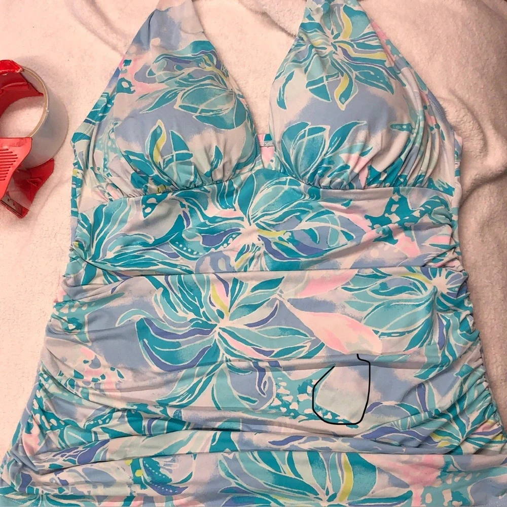 Lilly Pulitzer GUC Blue Floral Ruched Halter Tankini Top size 12